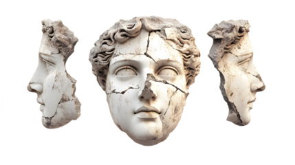 A broken classical sculpture of a male figure, showcasing intricate hair details and dramatic expressions from three angles.