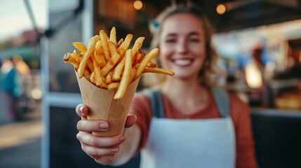 Smiling caucasian female vendor offering freshly made french fries at outdoor stall
