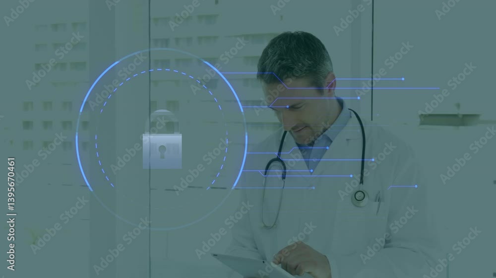 Poster using tablet with digital security lock animation, doctor ensuring data protection