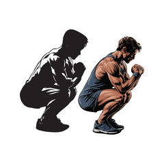 Silhouette and Realistic Illustration of Person Doing Squats, Fitness Training Pose