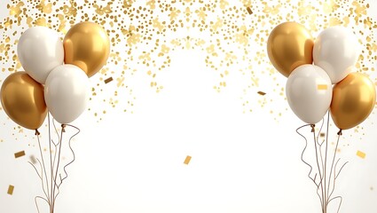 Elegant gold white balloons celebrate a joyous occasion amidst golden confetti Sparkling festive