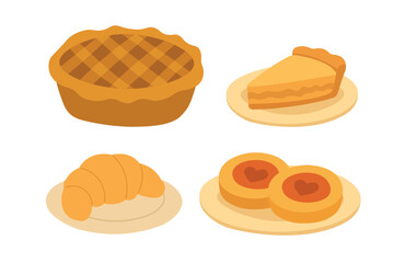 Vector illustration of cartoon pastries including pie, croissant, tart, and cake slice on plates.