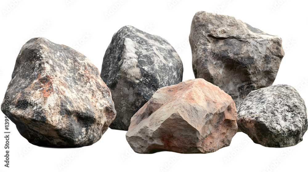 Poster a collection of five natural stones displaying various textures and colors, creating an earthy and r