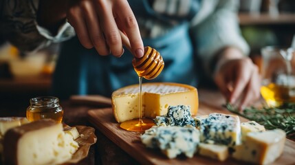 Hands pouring honey on cheese platter with various cheese types on wooden board