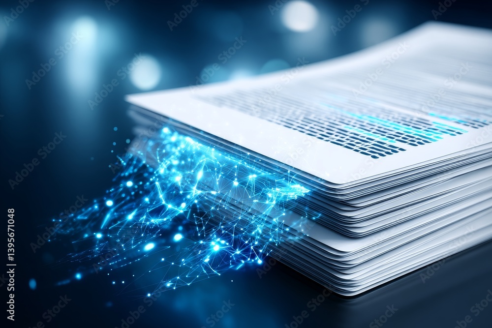 Poster data flow from documents - a stack of papers with glowing blue data emanating, symbolizing data tran
