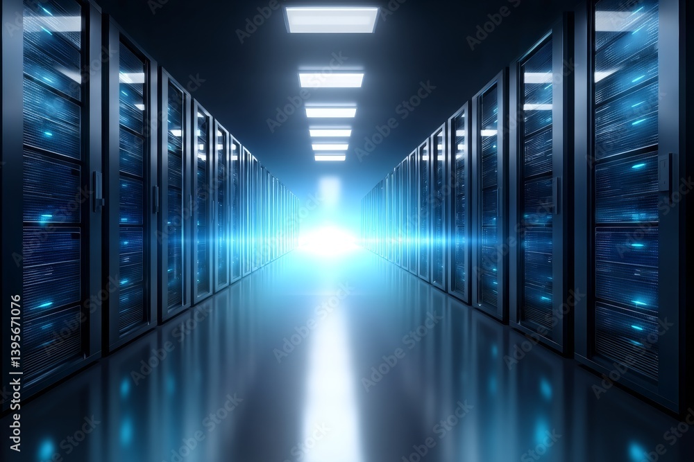 Poster data center server room corridor - a long corridor of server racks in a modern data center, illumina