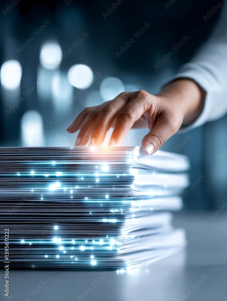 Poster data management and transformation - a hand hovers over a stack of documents, illuminated with light