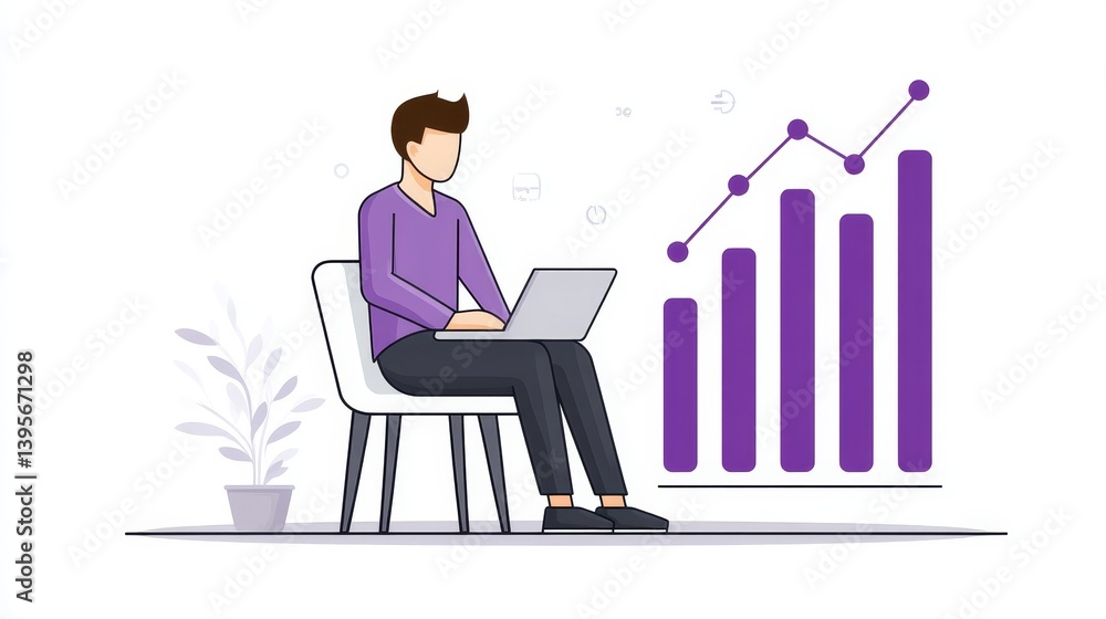 Poster data-driven growth: boosting sales and revenue - man analyzing data on laptop, chart shows upward tr