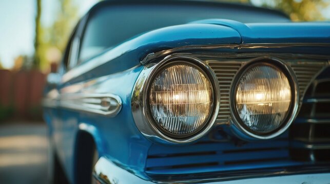 Fototapeta Classic car headlights, sunset glow, suburban backdrop, vintage vehicle detail