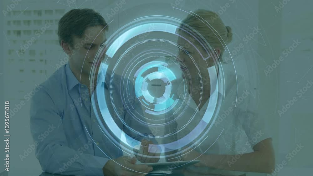 Poster futuristic digital interface animation over two people discussing in office setting