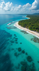 Tropical Island Coastline – Drone with Lens Technique to Capture a Dynamic, Slightly Curved View of the Coastal Landscape