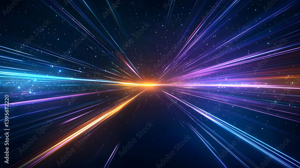 Poster abstract futuristic digital art background with glowing lines and colorfull dots