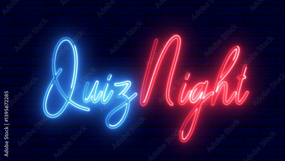 Poster quiz night neon sign. quiz night text font with neon light. luminous and shimmering haze inside the 
