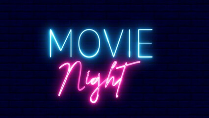 Fototapeta premium Movie night neon sign. Movie night text font with light. Luminous and shimmering haze inside the letters of the text Movie night. 