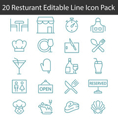 20 Restaurant Editable line icons vector and illustrator set.