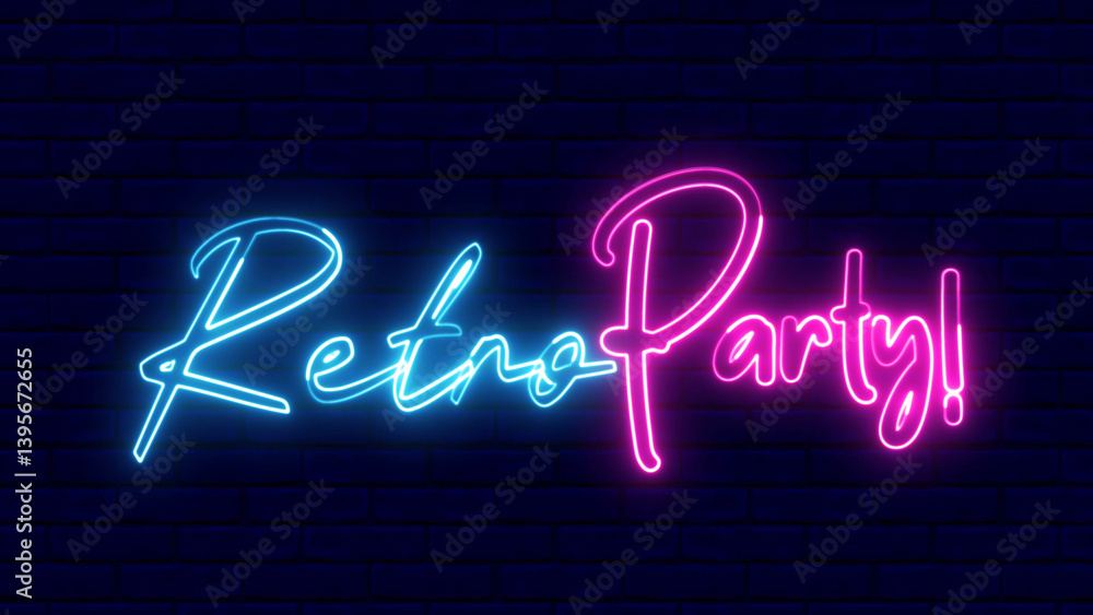 Poster retro party neon sign. retro party text font with neon light. luminous and shimmering haze inside th