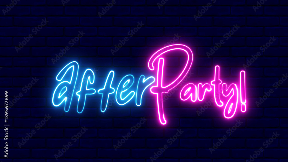 Poster after party text font with neon light. luminous and shimmering haze inside the letters of the text p