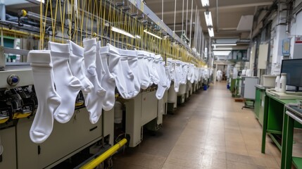 Fototapeta premium Rows of white socks dangle from a moving line, perfectly aligned as they glide through the textile production process.