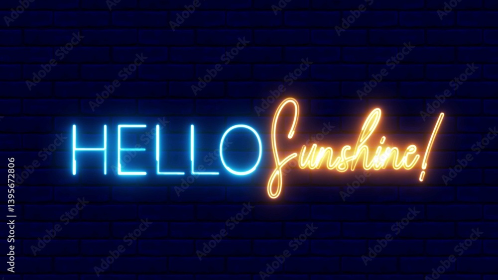 Aufkleber hello sunshine neon sign. hello sunshine text font with neon light. luminous and shimmering haze ins