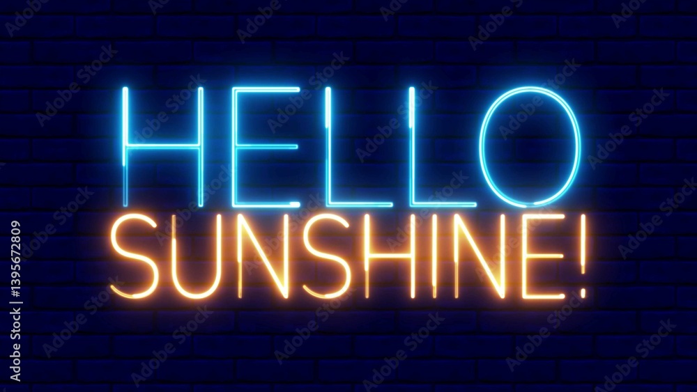 Poster hello sunshine neon sign. hello sunshine text font with neon light. luminous and shimmering haze ins