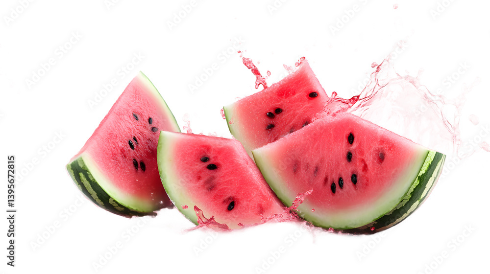 Poster slices of fresh watermelon splashing in water, creating a vibrant and refreshing scene.