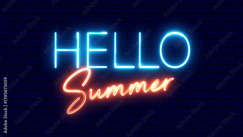 Poster hello summer neon sign. hello summer text font with light. luminous and shimmering haze inside the l