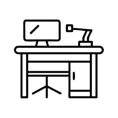 Office desk setup with computer and lamp vector icon outline illustration design