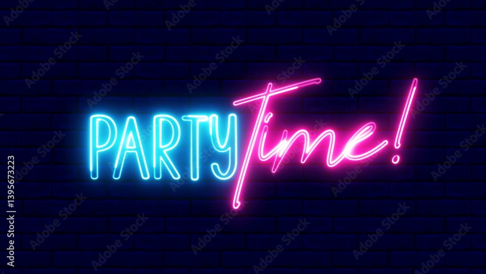 Poster party time neon sign. party time text font with neon light. luminous and shimmering haze inside the 