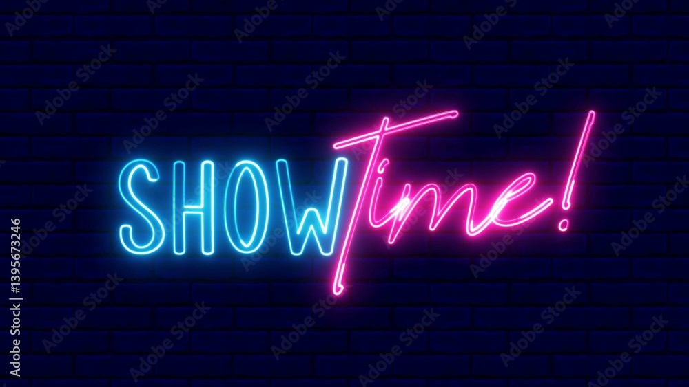 Poster show time text font with neon light. luminous and shimmering haze inside the letters of the text sho