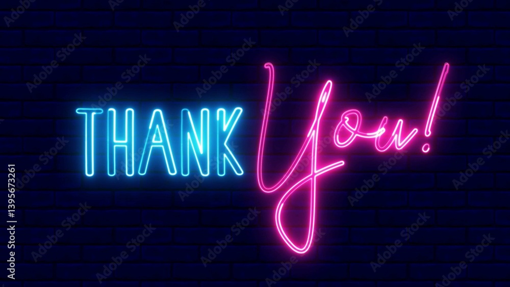 Poster thank you text font with neon light. luminous and shimmering haze inside the letters of the text tha