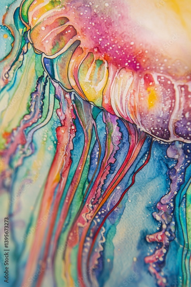 Poster brightly colored jellyfish floating gracefully in a deep ocean, featuring long, flowing tentacles. v