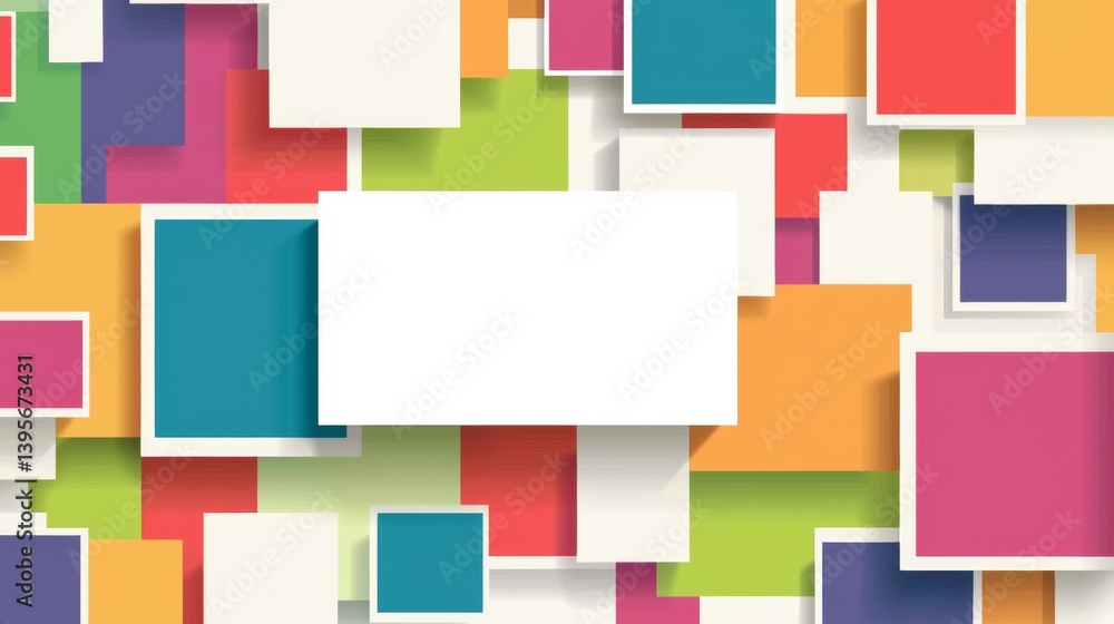 Poster white rectangle floating over a colorful abstract background made of overlapping squares with drop s