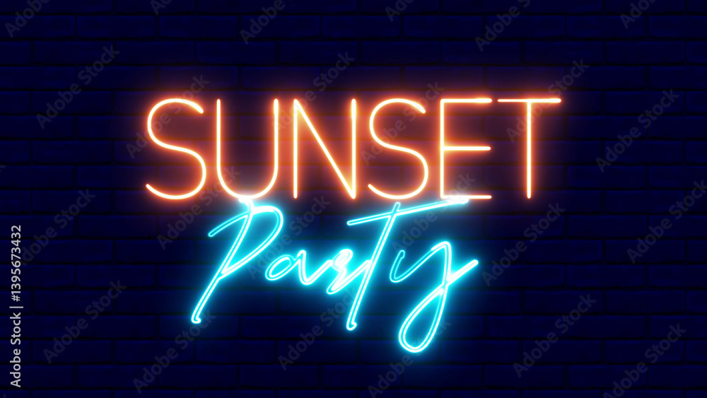 Poster sunset party neon sign. sunset party text font with neon light. luminous and shimmering haze inside 