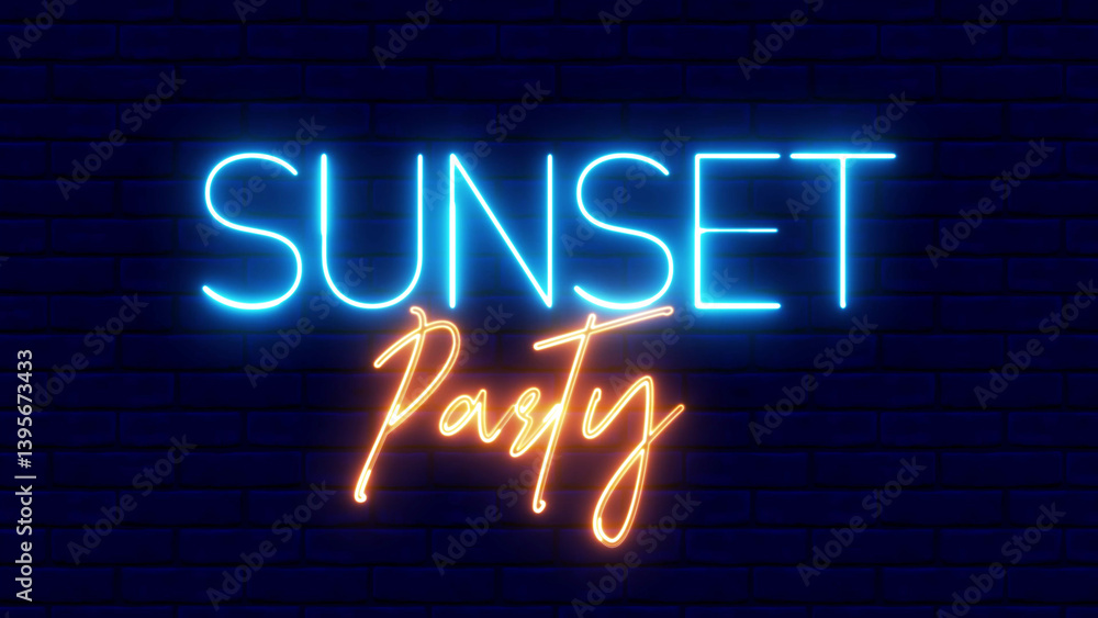 Poster sunset party neon sign. sunset party text font with neon light. luminous and shimmering haze inside 