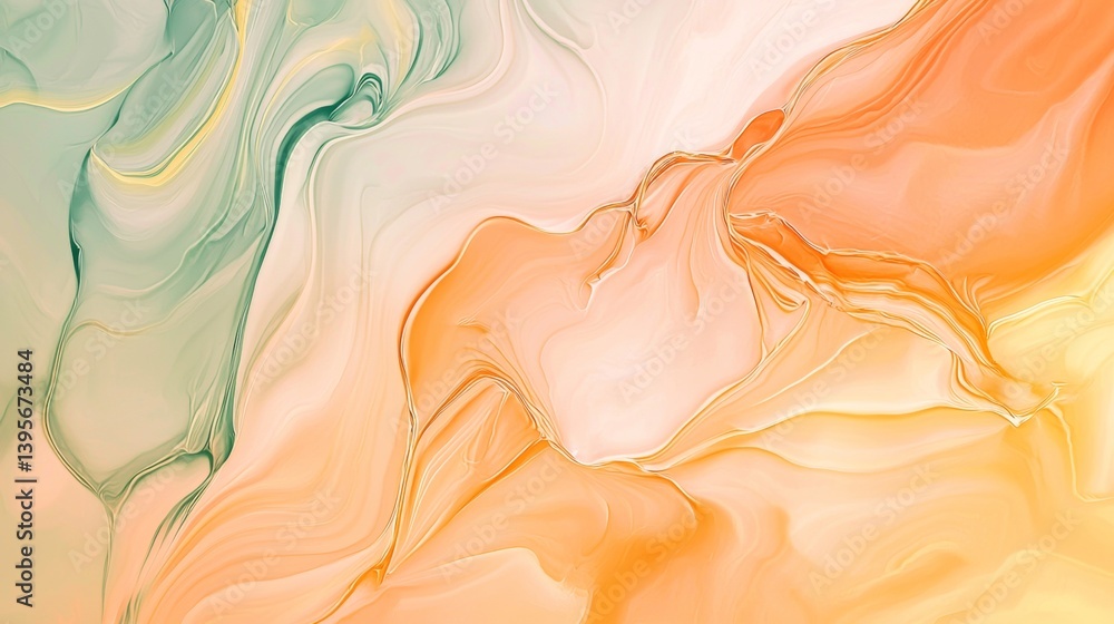 Poster fluid acrylic painting creating unique shapes and textures with a blend of orange, green, and yellow