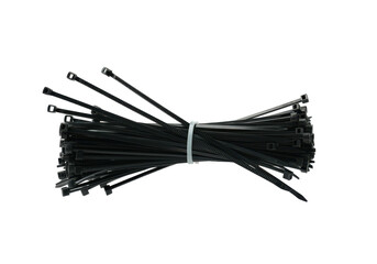 A floating bundle of twist ties for packaging, horizontally aligned, on a solid white background