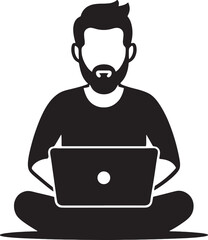 A clean black silhouette of a man working in laptop in isolated on a white background. 