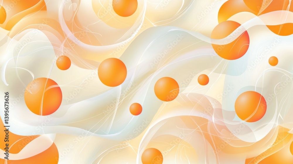 Poster multiple orange spheres are floating on an abstract beige and white wavy background, creating a visu