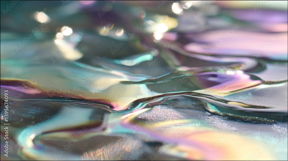 Poster light reflecting on an iridescent liquid surface, creating a wavy pattern with colorful reflections 