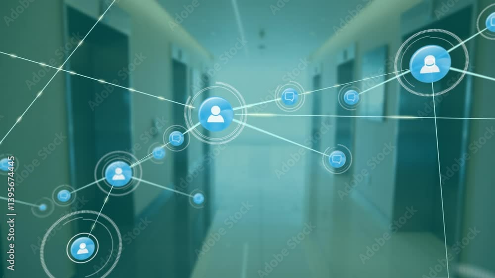 Poster network of connections and data processing animation over hallway background