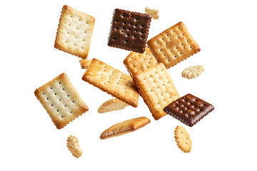 Assorted Crackers Floating Isolated on White