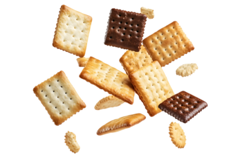 Assorted Crackers Floating Isolated on White