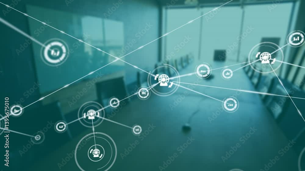 Poster Network of connections and data processing animation over modern office setting