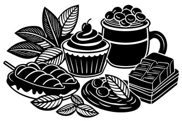 Line art illustration celebrating World Chocolate Day, featuring minimalist and elegant drawings of chocolate bars, cocoa beans, sweets, and dessert elements. Perfect for festive graphics, food packag