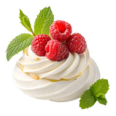 meringue dessert topped with three red raspberries and fresh green mint leaves isolated on transparent background 