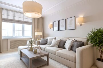 Elegant Living Room Interior Design - Modern beige living room with comfy sofa, stylish pillows, and large window