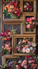 Fototapeta premium Flowers arranged in wooden frames create a decorative floral wall display.