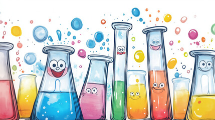 Colorful Cartoon Science Beakers and Test Tubes with Smiling Faces – Fun Chemistry Doodle
