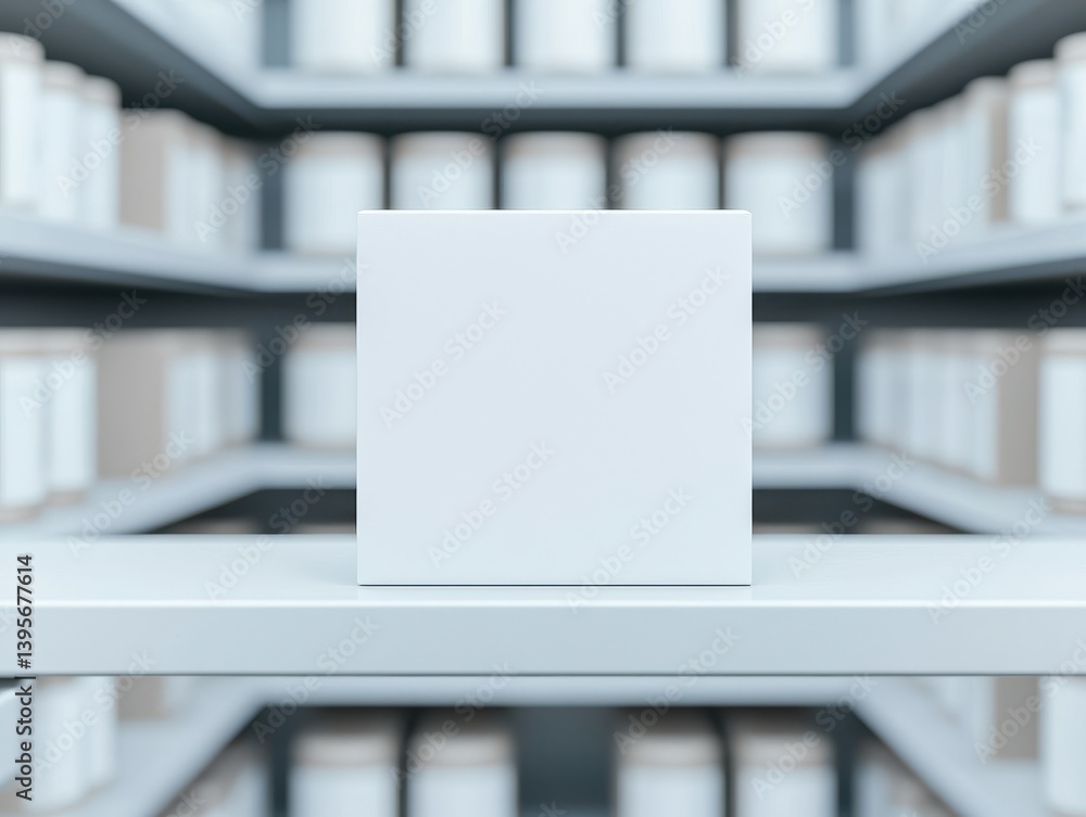 Poster a minimalist white box is centered on a shelf surrounded by blurred containers, creating a stark, mo