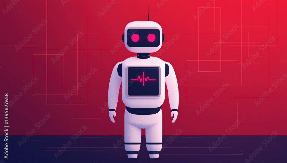 Poster friendly robot with heart monitor display stands against vibrant red background, symbolizing emotion